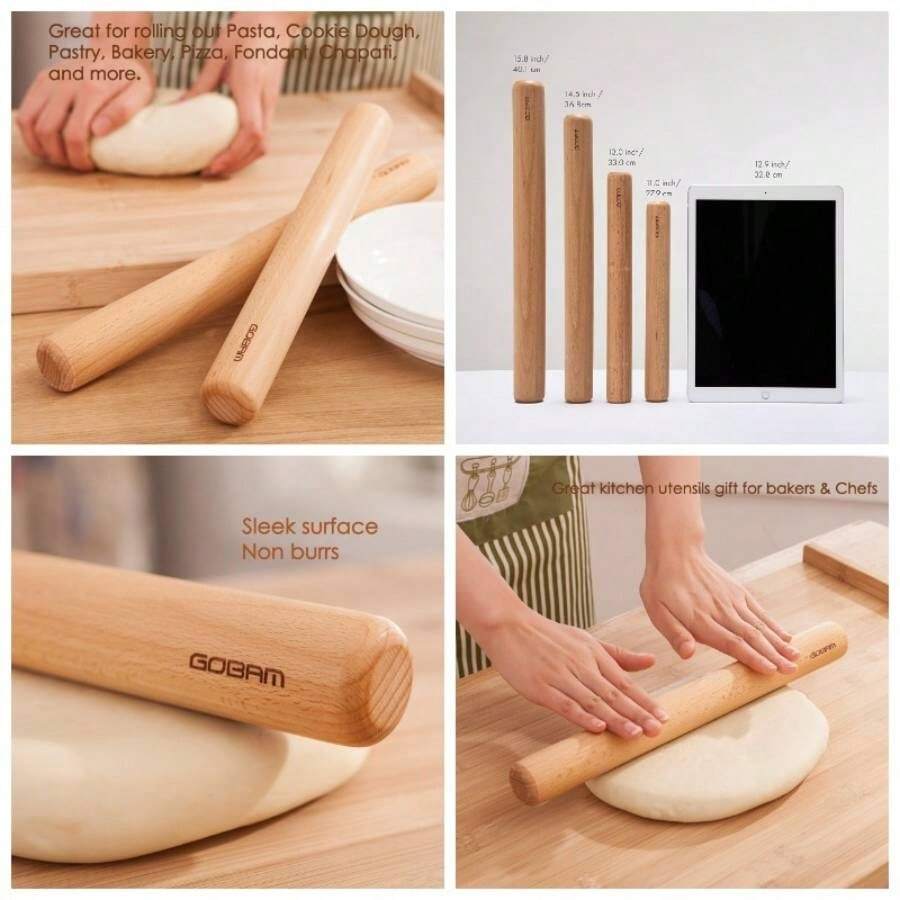 Rodillo de madera de bamb, pequeo, 11x 1.38 pulgadas, rodillo de masa para pasta, galletas, pasteles, pizza, chapati, fondant, rodillo para hornear, herramientas y suministros para hacer pan - Natural (11,0 x 1,4 pulgadas) - Ver 1