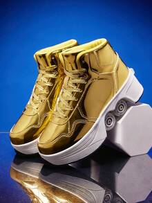 1双男士金色PU系带厚底四轮轮滑鞋，多功能滑板鞋，适合户外，可伸缩二合一 - 金色 - 查看 4