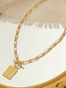 Gold/Sliver Cross Pendant Necklace For Women Chunky Cross Necklace Toggle Clasp Paperclip Chain Dainty Charm Necklace For Women Fashion Religious Simple Jewelry Gift - Square Cross - View 5