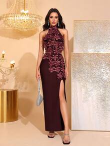 新款时尚3D立体花卉性感立领无袖镂空露背高开衩绷带长裙，优雅女士正式晚礼服、婚礼宾客、节日派对之选 - 咖啡棕 - 查看 1