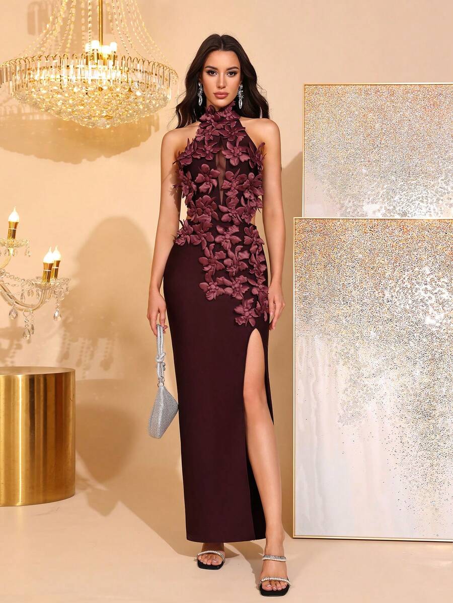 新款时尚3D立体花卉性感立领无袖镂空露背高开衩绷带长裙，优雅女士正式晚礼服、婚礼宾客、节日派对之选 - 咖啡棕 - 查看 1