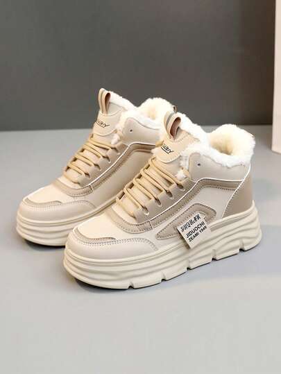 女士冬季高帮运动鞋 - 厚保暖内衬，防滑厚底，时尚几何图案设计，系带闭合