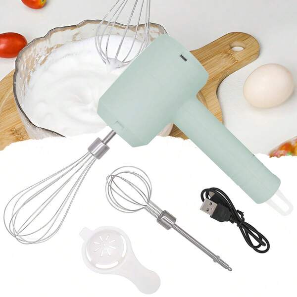 1 pezzo Frullatore elettrico senza fili per uso domestico, piccolo sbattitore per uova, montatore di panna, utensile da forno, frullatore elettrico portatile a batteria con controllo automatico a 3 velocità, doppia frusta di ricambio, per mescolare, impastare, biscotti, torte