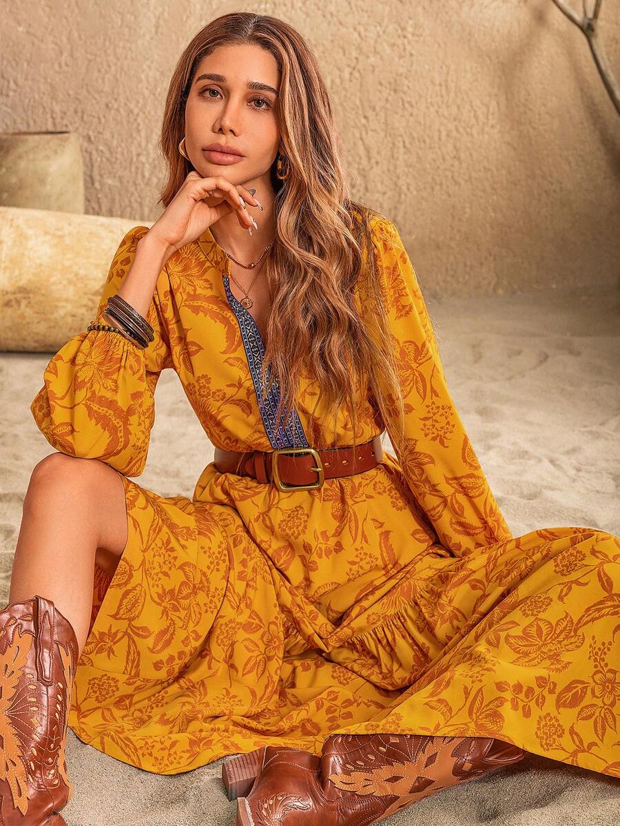 Rusttydustty 女款深蓝色随机印花V领长袖连衣裙波西米亚旅游音乐节