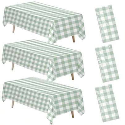 Sage Green Gingham Party Tablecloth Decorations 3 Pack Green Checkered Disposable Plaid Party Supplies Tablecover For Birthday Baby Shower Bridal Wedding 55in X 86in