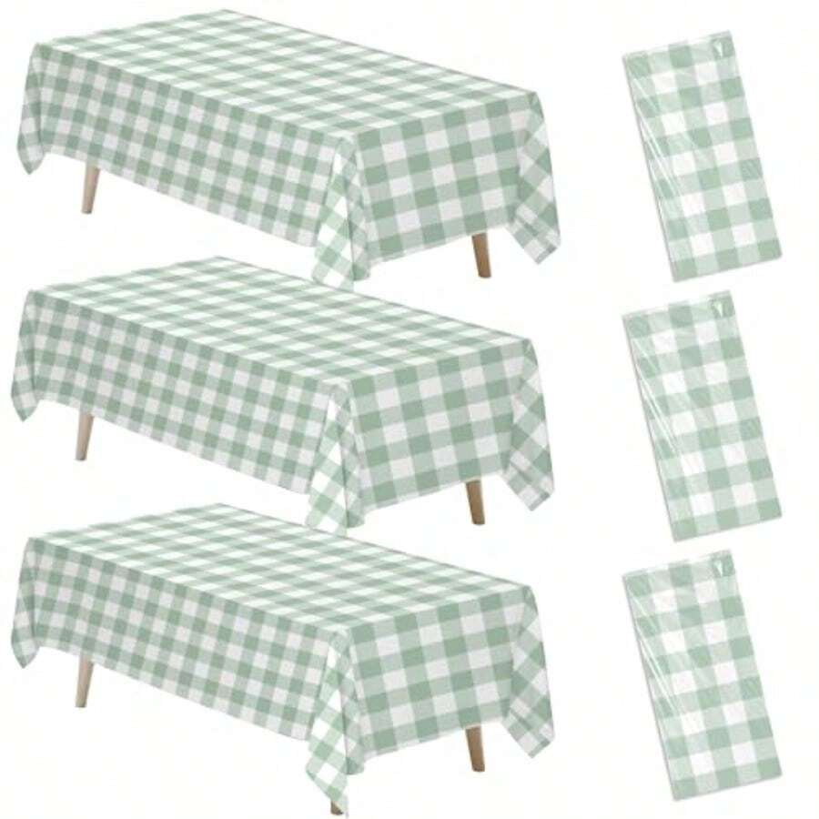 Sage Green Gingham Party Tablecloth Decorations 3 Pack Green Checkered Disposable Plaid Party Supplies Tablecover For Birthday Baby Shower Bridal Wedding 55in X 86in