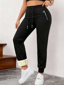 女士保暖内衬长裤，宽松休闲运动裤，适合户外运动、徒步、骑行，也适合返校季和秋冬季穿着，黑色 - 黑色 - 查看 2