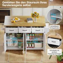 Isla de cocina con encimera abatible, 5 ruedas bloqueables, 4 puertas, 3 cajones, toallero de doble cara, diseño estilo granero, blanco, 140x43(70)x90,5 cm