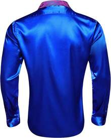 Mens Satin Silk Shirts Long Sleeve Designer Dress Shirt Shiny Untucked Casual Button Down Shirt Party Disco Formalhalloween - 緞面青藍色 - 查看 8