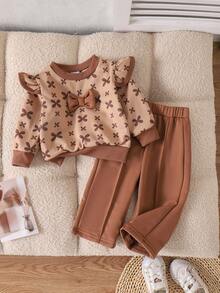2pcs Baby Girls Casual Minimalist 3D Bow Ruffle Trim Long Sleeve Top And Pants Set, Spring/Autumn - Coffee Brown - View 1