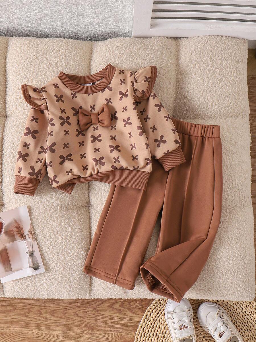 2pcs Baby Girls Casual Minimalist 3D Bow Ruffle Trim Long Sleeve Top And Pants Set, Spring/Autumn - Coffee Brown - View 1