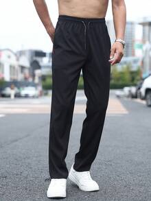 男士运动裤速干裤新款梭织运动直筒速干透气裤运动训练裤带拉链口袋跑步裤 - 黑色 - 查看 5