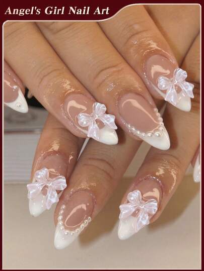 Discover The Magic Of Nail Couture ,24pcs Almond White French Tip Press On Nails ,Pearls And Bows Trim Design, Easy To Wear Acrylic False Nail Set,Contain 1pc Jelly Glue And 1pc Nail File, Suitable For Women And Girls Daily Life And All Kinds Of Party Use