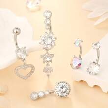 LYLYMIMI 5 Pieces Surgical Stainless Steel Dangle Belly Button Rings For Women Belly Ring Dangling Piercing Jewelry With Heart Flower Silver Tone 14G