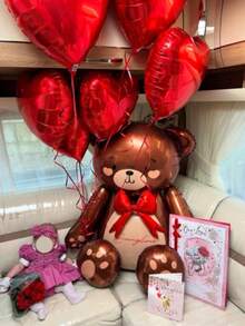 Brown Teddy Bear Foil Balloon With Colorful Bow Tie, Paired With Red Latex Balloons And Red Heart Shapes. Cute Sitting Pose Design, Suitable For Valentine's Day, Birthday, Wedding, Anniversary, Theme Events, Engagement, Home Decor, Photo Props, Party Decorations - Multicolor - View 4