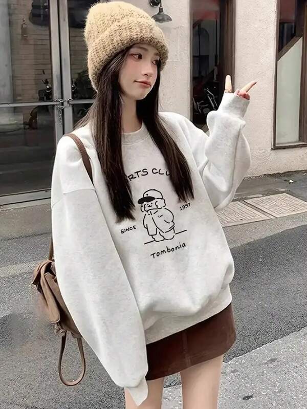 Women's Y2K Style Colorblock Letter & Cute Cartoon Blue Snowman Print Cotton Ribbed Loose Comfortable Casual Versatile Daily Commute Homewear Crew Neck Sweatshirt