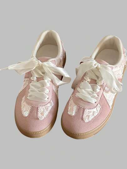 DareSee Women's New Mesh Breathable Versatile Casual Training Shoes, Ballerina Style Lace-Up Flat White Sneakers Music Fest Y2KFest Back To School Autumn Winter Gifts