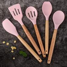 5pcs Silicone Kitchen Utensil Set With Wooden Handles, Non-Stick Cookware, Food-, Easy To Clean Modern Cooking Tools, Essential Kitchen Accessories - Multicolor - View 8