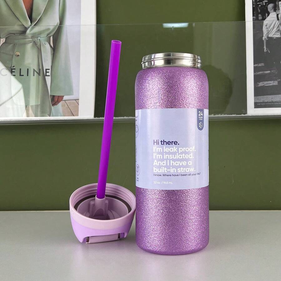 32oz Straw Insulated Water Bottle Double-Layer Stainless Steel Vacuum Thermal Mug For Sport And Travel - Shimmering Purple-32oz - 查看 1