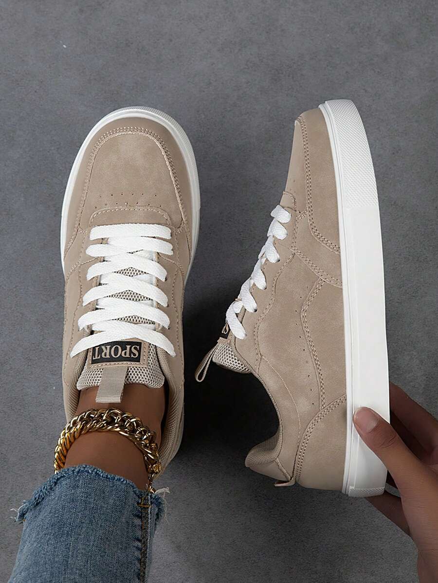 Damskie trampki casualowe, modne białe buty streetwearowe, lekkie buty do skateboardingu - Kolor khaki - Zobacz 1