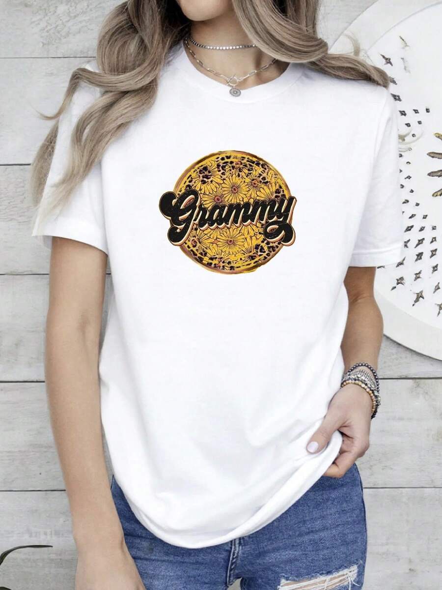180g pure Cotton Grandma Shirt for Mother's Day, Gift For Grandma, Women Leopard Tshirt, Sunflower Grandma T Shirt, Retro Grandma Shirt, Leopard Grandma Tee Soft Summer Casual designer clothes female women Print Round Neck Short Sleeve Top For Everyday Wear - Blanco - Ver 1