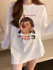 Women's Loose Fit Cartoon Girl & Letter Print Cotton Long Sleeve T-Shirt, Versatile For Spring & Autumn - White - View 2