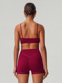 Sodalemon Women 2Pcs Fitness Sets Backless Padded Sport Bra No Front Seam Outdoor Cycling Shorts Elastic Gym Training Sport Set - 紅色 - 查看 6