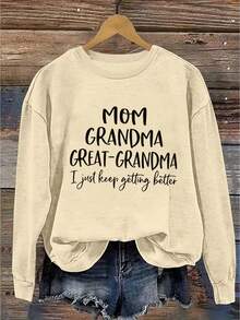 Plus Size Women's Daily "MOM GRANDMA GREAT - GRANDMA I Just Keep Getting Better" Text Sweatshirt Round Neck Long Sleeves Casual Spring/Summer/Fall Women's Plus-Size Long-Sleeved Sweatshirt Thanksgiving Day Going Out Tops Women,Vacation Outfits Women - Apricot - View 2