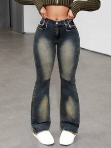 Casual Sexy Women's Denim Flare Leg Jeans Long Button Zipper Raw Hem Medium Stretch For A Stylish Look - Dark Wash - View 1