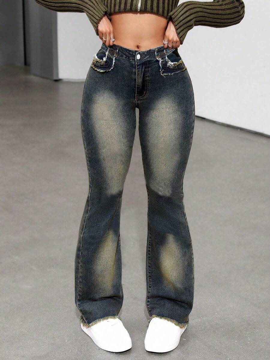 Casual Sexy Women's Denim Flare Leg Jeans Long Button Zipper Raw Hem Medium Stretch For A Stylish Look - Dark Wash - View 1