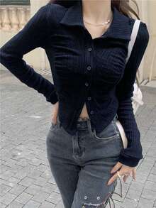 女式纯色单排扣长袖罗纹休闲 T 恤，春夏 - 藏蓝色 - 查看 2