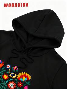 WOOAVIVA Plus Size Spring, Autumn and Winter Y2K Cleanfit Casual Fitted Floral Embroidery Print Hoodie, Suitable For Spring, Autumn and Winter seasons, Women Tops - Negro - Ver 3
