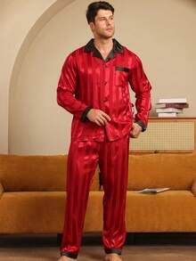 2pcs Men Pajama Set, Long Sleeve Shirt And Long Pants, Striped Jacquard Fabric, Color Blocking Collar, Suitable For Spring, Summer, Autumn And Winter - Nhiều màu - Xem 1