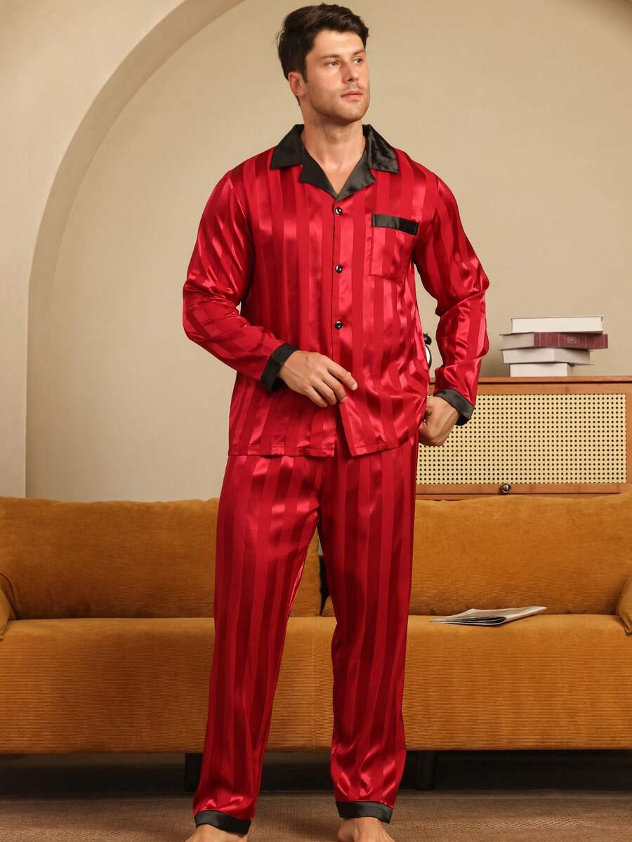 2pcs Men Pajama Set, Long Sleeve Shirt And Long Pants, Striped Jacquard Fabric, Color Blocking Collar, Suitable For Spring, Summer, Autumn And Winter - Nhiều màu - Xem 1