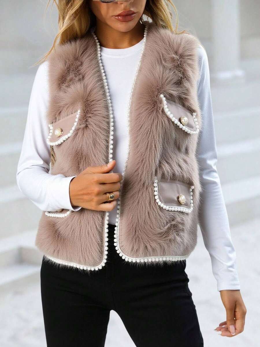 Women Faux Fur Coats - Khaki - View 1