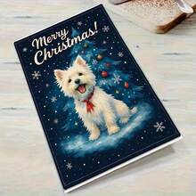 1 pièce Carte de vœux de Noël Westie - Un chien Westie avec un sapin de Noël, des flocons de neige et un nœud rouge sur un fond bleu marine d'hiver enneigé - Cadeau de vacances pour les amateurs d'animaux de compagnie - Conception mignonne de West Highland Terrier blanc - Parfait pour les propriétaires de Westie - Carte de vœux festive pour les amis et la famille - Illustration thématique de la saison hivernale confortable - Cadeau de Noël idéal pour les amateurs de chiens, également adapté comme carte de Noël amusante ou carte postale