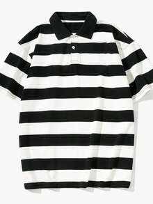 Black And White Striped Short-Sleeved T-Shirt POLO Shirt Men's 2024 Lapel Cotton Loose Men's Summer T-Shirt - trắng - Xem 2