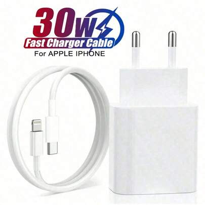 30W EU Fast Charging Wall Charger Adapter & 3.3Ft/100cm Type C To Lightning Fast Charging Cable, High-Efficiency Data Transfer Line Compatible With IPhone 14/13/12/11/XR/XS/XS Max