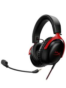 HyperX Cloud III 有线游戏耳机，超清晰 10mm 麦克风，带降噪功能，53mm 倾斜驱动单元，DTS 记忆海绵，耐用铝合金框架，适用于 PC 和移动设备的游戏耳机 - 黑紅色 - 查看 5