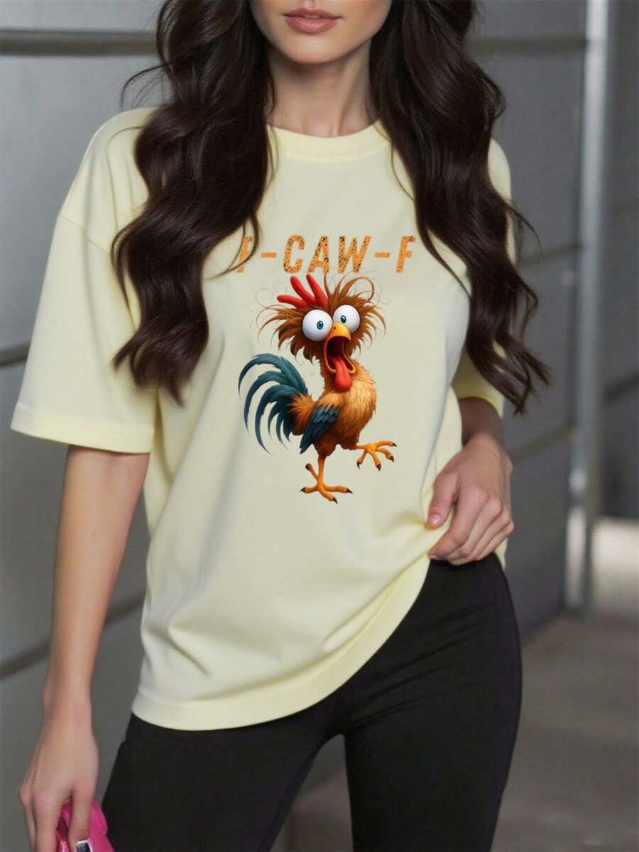 Women's Printed T-Shirt | Basic Tee | Rooster F-Caw-F Design | Halloween | 100% Cotton | Soft & Comfortable | Perfect for Daily Wear and Gift Giving | Round Neck Tee | Made and Shipped from Mexico | Unisex Fit - Albaricoque - Ver 1