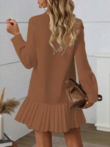 Women's Elegant Solid Color Pleated Collar Front Button Closure And Side Slit Shirt Dress Spring - Brown - View 3