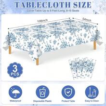 3 Pack Blue Floral Plastic Tablecloths 54 X 108Inch Tea Party Tablecloth Disposable Vintage Table Cloths Blue And White Porcelain Tables Decor For Birthday Garden Wedding Tea Party Supplies - Hoa xanh - Xem 2