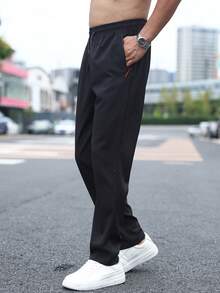 男士运动裤速干裤新款梭织运动直筒速干透气裤运动训练裤带拉链口袋跑步裤 - 黑色 - 查看 3