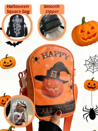 Halloween Dark-Style Funny Phone Bag | Pumpkin Tones | Cool Cartoon Graffiti Design | Mini Shoulder Crossbody Bag | Unisex | Creative & Unique | Suitable For Festival Outfits