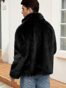 Men's Long Sleeve New Casual Zip-Up Stand Collar Faux Fur Coat, Autumn/Winter - Black - View 5