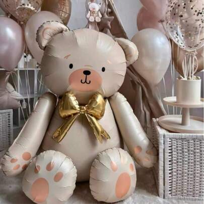 1 unidade/13 unidades de balão metalizado de urso de pelúcia sentado, 71 cm, com laço dourado. Balão gigante de alumínio em formato de urso de pelúcia, branco marfim, com laço - combinado com balões de látex marfim e champanhe. Design adorável de urso sentado, ideal para aniversários, casamentos, decoração de festas de Dia dos Namorados, decoração de Natal, decoração de casamento, celebrações de feriados, decoração leve e reutilizável, artigos para eventos e ocasiões especiais.