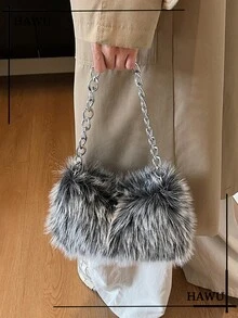 Solid Color Plush Soft Candy Chain Crossbody Bag, Y2K Style Women's Shoulder Bag Cute Pendant Clutch Bag Party Dress Accessory Random Pattern Plush Wallet Halloween Wallet Perfect For Various Parties, Halloween Fashion And Gothic Fashion - Grey - View 2