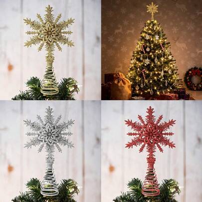 Glitter Snowflake Christmas Tree Topper - Sparkling Snow Flake Christmas Decor Tree Top Xmas Holiday Decoration With Gem Design(Gold&Silver&Red) Christmas Decorations Home Christmas Gifts Christmas Decor