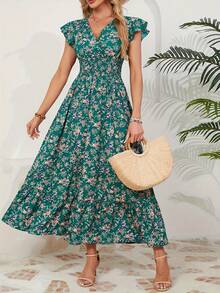 Women's A-Line Summer Dress, Ruffled Sleeves, V-Neck, Floral Print, Elastic Waist - 綠色 - 查看 5