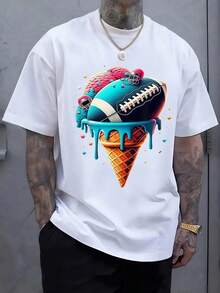 Ice Cream Cone Blending Vibrant Scoops With American Football Elements Symbolizing Playful Energy And Sports Passion Men 100% Cotton Tshirt - White - View 1